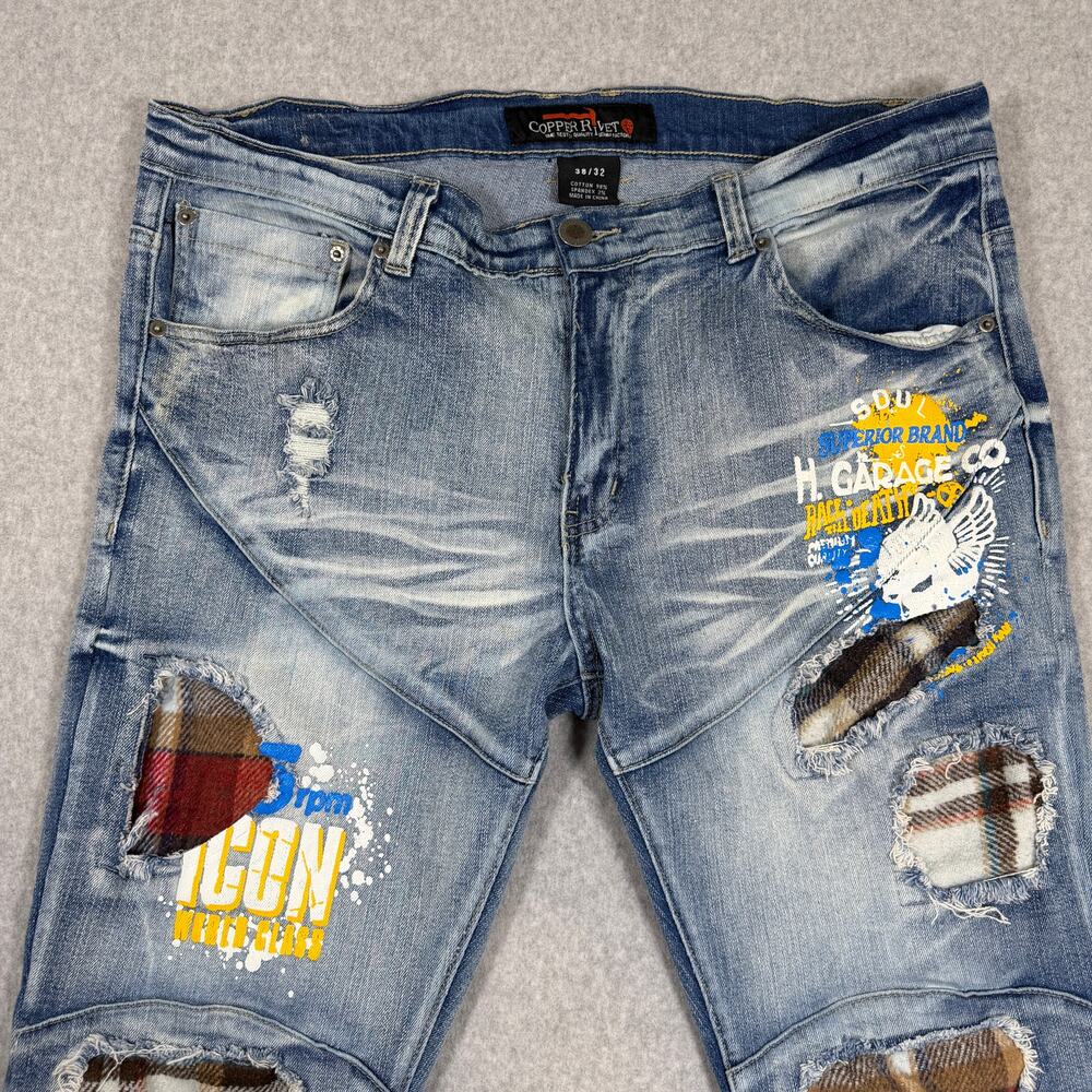 Copper Rivet Distressed Moto Mens Jeans Plaid Rip & Repair Light Blue 38x32 Slim - Picture 3 of 16